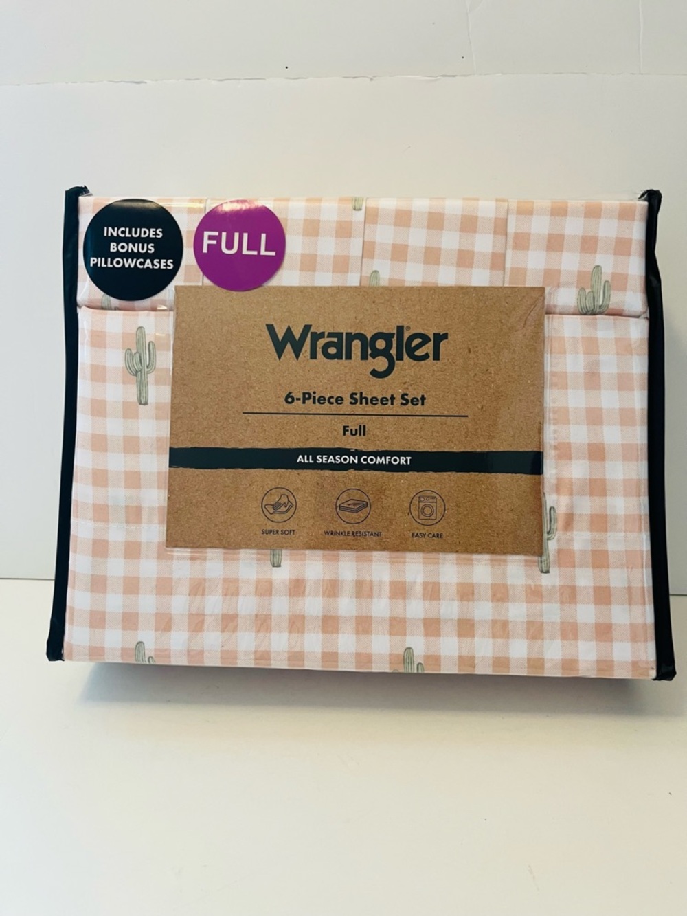 Wrangler 6 Piece Full Size Sheet Set Cactus Gingham Pink White Green